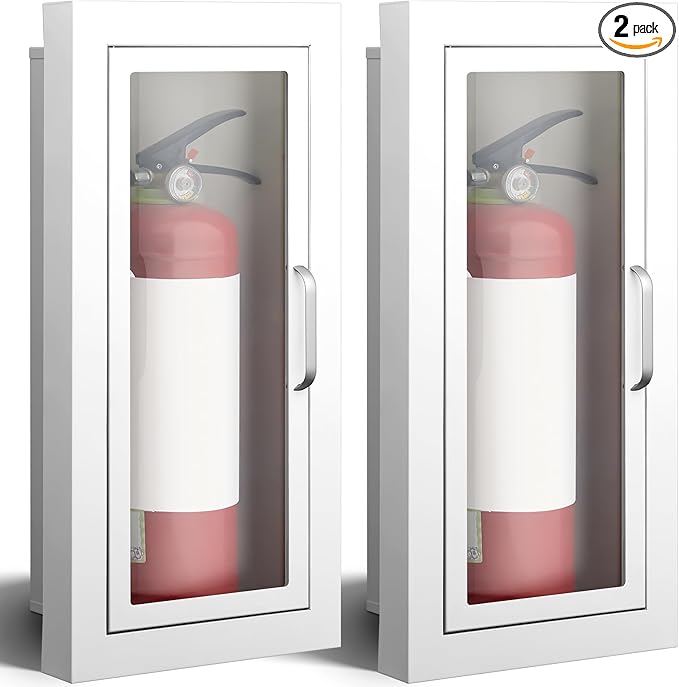 Zonon 2 Pcs Semi Recessed Fire Extinguisher Cabinet, Steel Wall Mount Cabinet with Magnetic Door & Handle, Acrylic Window, 2.5" Trim Frame, Fits 2.5/5/10 lb Fire Extinguishers, White