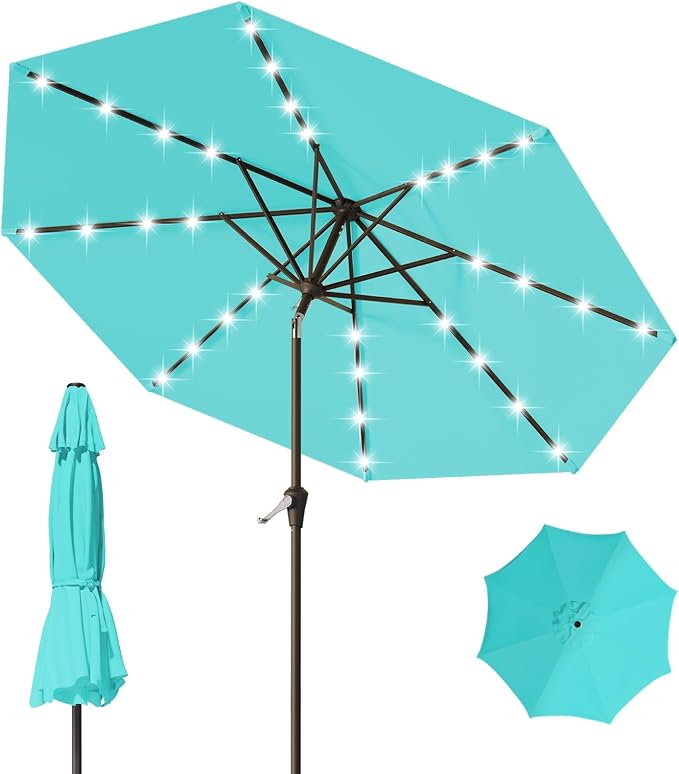 9FT Patio Umbrella with Solar Lights,Outdoor Market Umbrella with Tilt and Crank, LED Lighted Table Umbrella for Garden,Deck,Backyard,Pool,Beach (Peacock Blue)