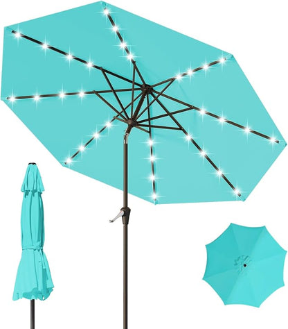 9FT Patio Umbrella with Solar Lights,Outdoor Market Umbrella with Tilt and Crank, LED Lighted Table Umbrella for Garden,Deck,Backyard,Pool,Beach (Peacock Blue)