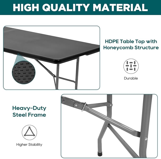 FDW 8 Foot Outdoor Dining Table, Foldable Portable Rectangular Plastic Folding Table with Built in Carrying Handle for Party and Wedding Use, Black