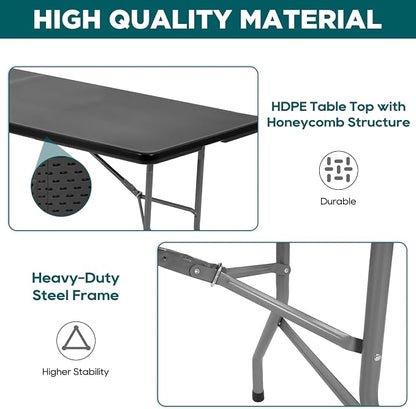 FDW 8 Foot Outdoor Dining Table, Foldable Portable Rectangular Plastic Folding Table with Built in Carrying Handle for Party and Wedding Use, Black