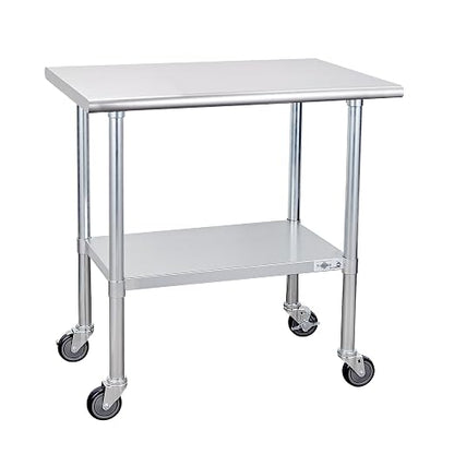 Profeeshaw Stainless Steel Prep Table with Wheels 24''x36'', NSF Work Table | Commercial Metal Workbench, with Undershelf, Heavy Duty Table, for Kitchen, Restaurant, Home, Gargae and Hotel, 18-gauge 430