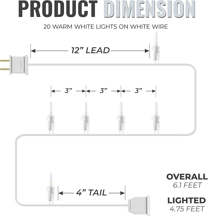 612 Vermont 20 LED Clear Christmas Lights on White Wire Cord, UL Approved, Indoor and Outdoor Use, 4.75 Foot of Lighted Length, 6.1 Foot of Total Length (Pack of 2)