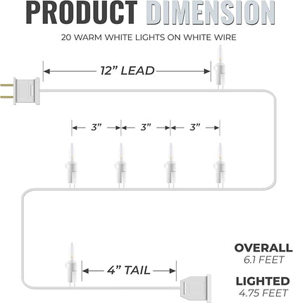 612 Vermont 20 LED Clear Christmas Lights on White Wire Cord, UL Approved, Indoor and Outdoor Use, 4.75 Foot of Lighted Length, 6.1 Foot of Total Length (Pack of 2)