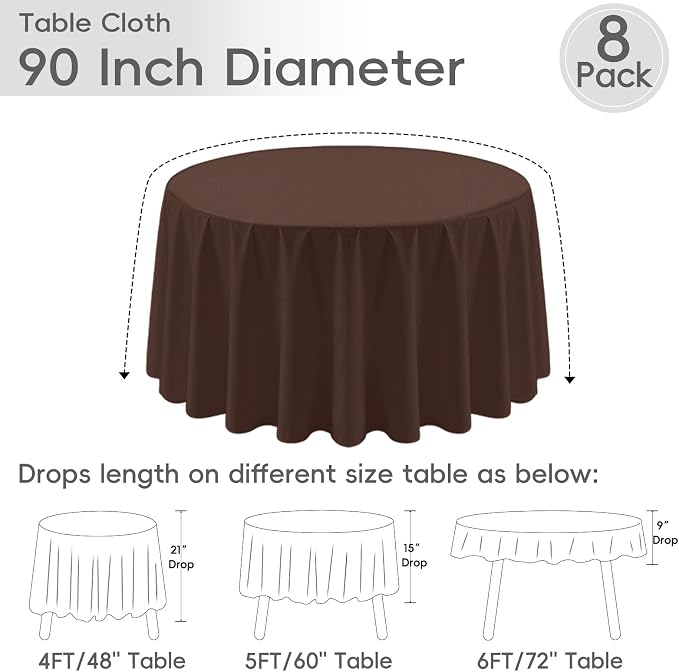 8 Pack Brown Round Tablecloth 90 Inch | For 3Ft-5Ft Round Table, Wrinkle Resistant Table Cloth, Washable Polyester Fabric, For Wedding Party Banquet Buffet Camping
