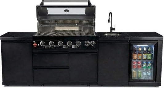 102" Outdoor Kitchen Island,Outdoor Grill,6-Burner 85000 BTU Propane Stainless Steel BBQ with Side/Rear Burners, With Refrigerator and Sink, Rotisserie, Granite Countertops, Storage