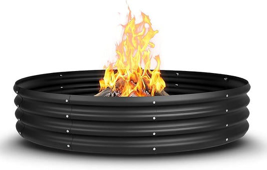 60 Inch Fire Pit Ring for Outside, 5FT Diameter Wood Burning Fire Ring, Large Round Galvanized Steel Fire Pit, Metal Outdoor Fireplace for Backyard, Patio, Camping, Bonfire (Black)