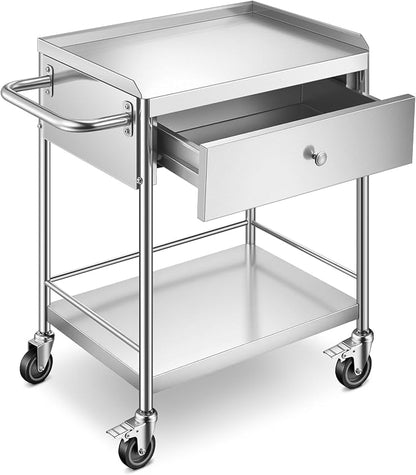 Metal Rolling Cart with 360° Silent Wheels, 220 lbs Capacity Utility Cart | 2-Tier Medical Cart with Handle & Lockable Casters for Lab, Clinic, Kitchen, BBQ Party, Salon