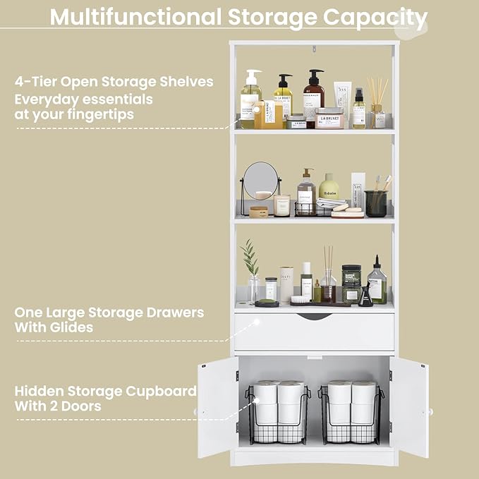 DICTAC Kitchen Pantry Storage Cabinets Freestanding Tall Bathroom Cabinet with Shelves and Drawer 64''H Sideboard Microwave Space Cupboard Organizer for Home Office,White, 23.62x13x64.06inch | Freestanding