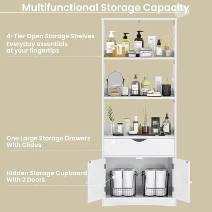 DICTAC Kitchen Pantry Storage Cabinets Freestanding Tall Bathroom Cabinet with Shelves and Drawer 64''H Sideboard Microwave Space Cupboard Organizer for Home Office,White, 23.62x13x64.06inch | Freestanding