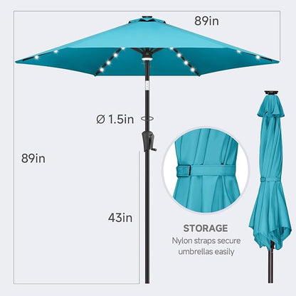 FLAME&SHADE Solar Patio Umbrella with Centre Light, 7.5 FT Aqua Blue | UV Protection, Small Solar Outdoor Umbrella for Porch, Deck, Backyard, Garden, Provides Evening Lighting, 24 LED Lights