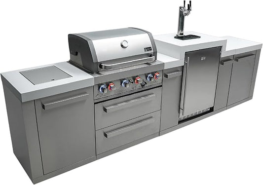Mont Alpi Premium 130"W x 23"D x 55"H Stainless Steel Modular Outdoor Kitchen Island with Side Burner + 3-tap Kegerator Beer Dispenser + 32"W 4-Burner BBQ Gas Grill + Granite Countertops + Storage