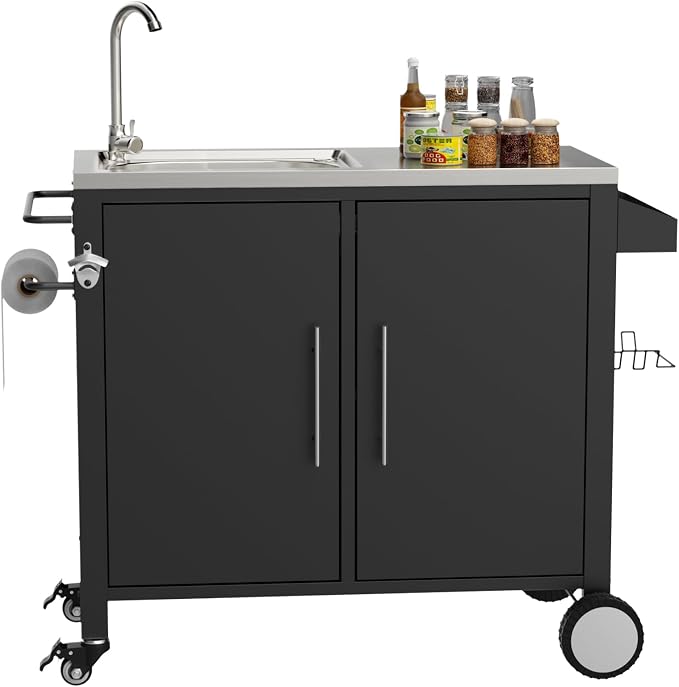 KEIKI Outdoor Grill Table with Sink, Grill Cart with 304 Stainless Steel Sink and Cabinet, Outdoor Cart Station with Wheels, L38 x W18 x H35