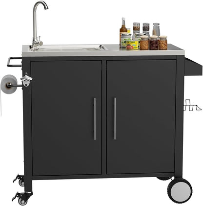 KEIKI Outdoor Grill Table with Sink, Grill Cart with 304 Stainless Steel Sink and Cabinet, Outdoor Cart Station with Wheels, L38 x W18 x H35