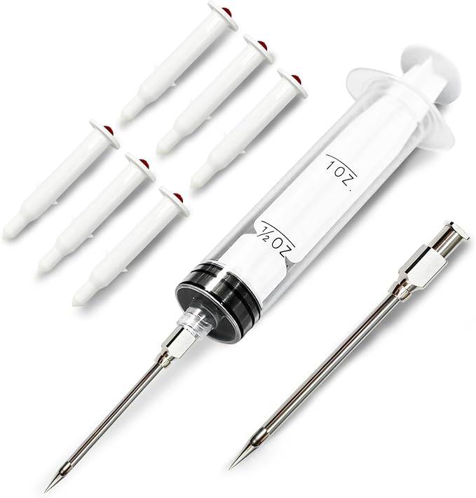 Pop Up Timer (6 pcs) & Meat Injector Syringe (2-OZ) Plastic Turkey Injector with 2 Marinade Needles for Injecting Marinade into Turkey, Meat, Brisket