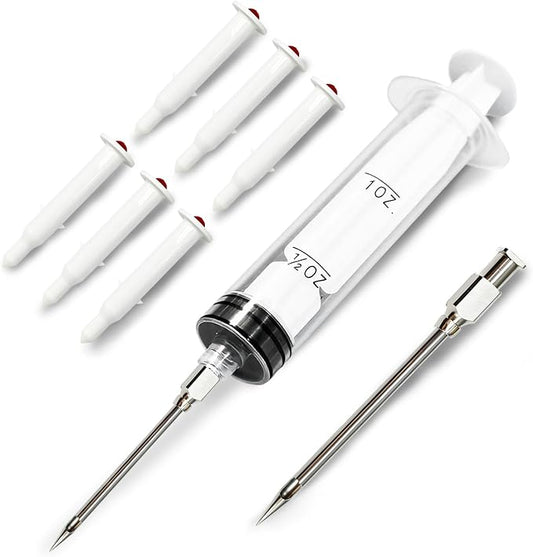 Pop Up Timer (6 pcs) & Meat Injector Syringe (2-OZ) Plastic Turkey Injector with 2 Marinade Needles for Injecting Marinade into Turkey, Meat, Brisket