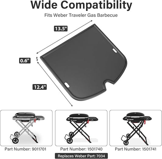 7034 Cast Iron Griddle - 13.5" x 12.4" for Weber Traveler Gas Grill with Grease Holes, Flat Top Insert Cooking Griddle for Traveler Model 9010001 9011701 1501740 1501741 and More