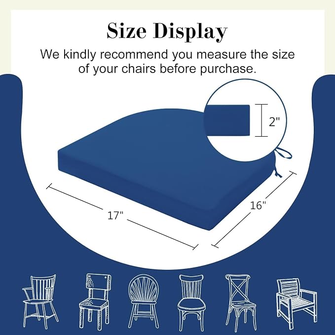 Cozyide Outdoor Chair Cushions, Waterproof Patio Seat Cushions with Adjustable Straps, Round Corner Patio Chair Cushions for Garden, Royal Blue, 17x16x2 Inch (Pack of 4)