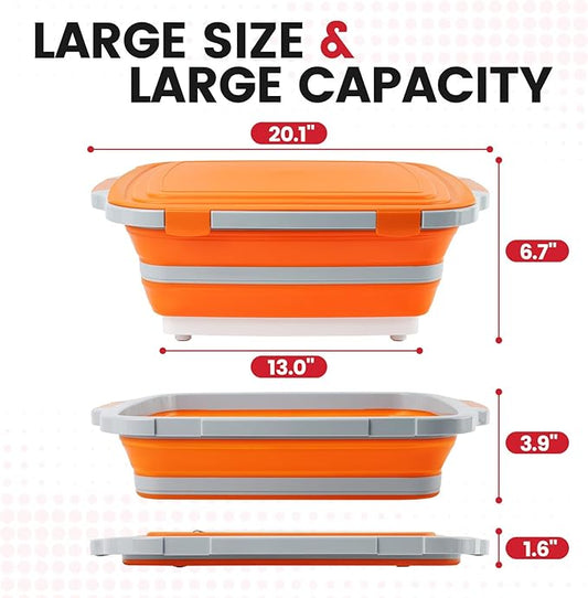 BBQ Prep Tub 3-IN-1 Large 16L Collapsible Cutting Board with Locking Lid for Meal Prep Marinating Food, Camping Sink with Colander, Dish Basin, Storage Blanket for Camping Picnic BBQ, Orange