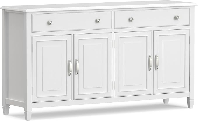 SIMPLIHOME Connaught 67" Wide Solid Wood Sideboard Cabinet in White | Traditional 4-door dining room buffet with 2 drawers and adjustable shelves for organized kitchen or living room storage.