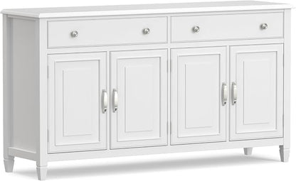 SIMPLIHOME Connaught 67" Wide Solid Wood Sideboard Cabinet in White | Traditional 4-door dining room buffet with 2 drawers and adjustable shelves for organized kitchen or living room storage.