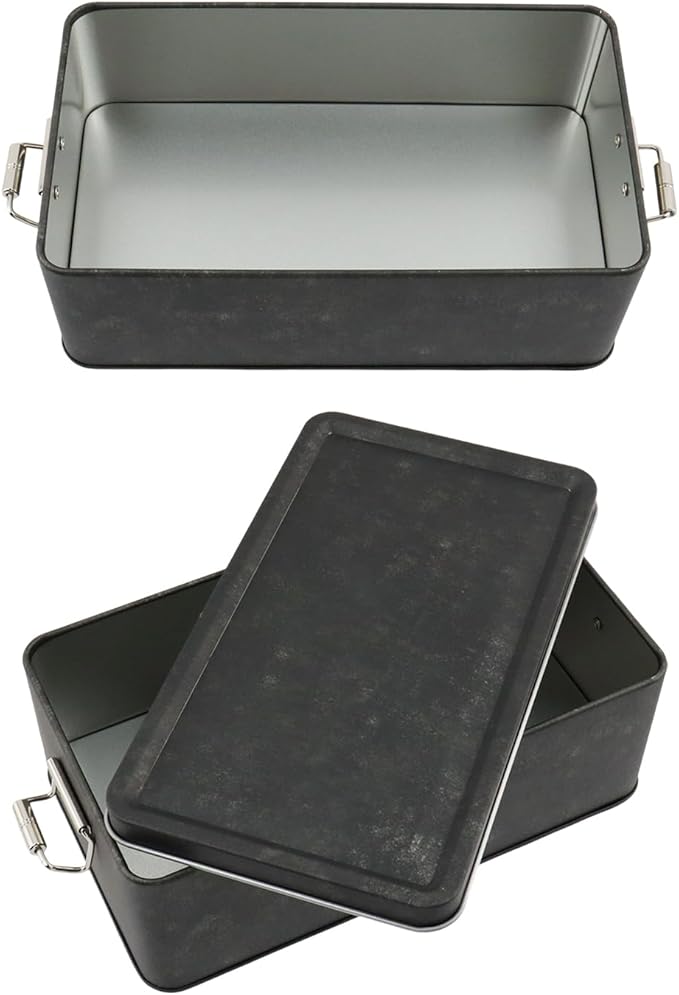 2 Pcs Metal Storage Box, Tinplate Retro Black Tin Box Containers with Lid Buckle Latch for Outdoor, Picnic, Home (7.28"×4.13"×2.56", Retro Black)