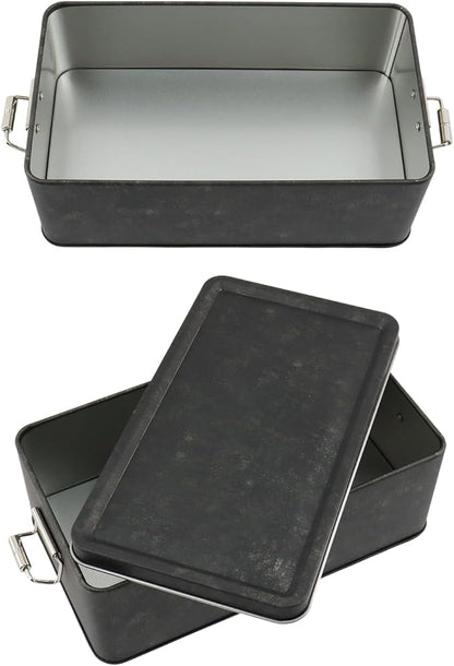 2 Pcs Metal Storage Box, Tinplate Retro Black Tin Box Containers with Lid Buckle Latch for Outdoor, Picnic, Home (7.28"×4.13"×2.56", Retro Black)