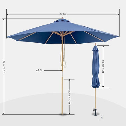 9FT/10FT Wood Patio Umbrella, Large Outdoor Table Pool Umbrella | 205G Olefin/180G Polyester Fabric, Push-Pull Operation Market Umbrella, 8 Rib Vented Canopy, Ideal for Patio, Backyard