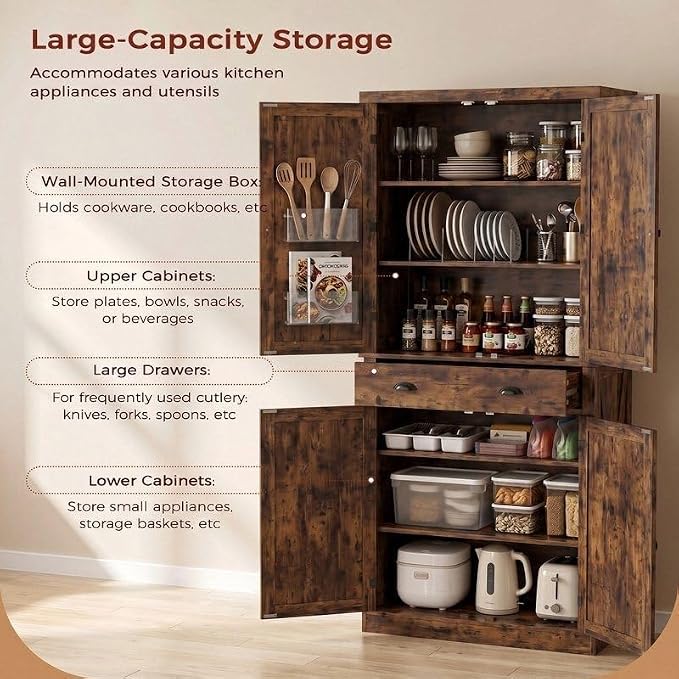 IRONCK 72.6" H Farmhouse Kitchen Pantry with Drawer, Vintage Brown | Freestanding Storage Cabinet with Adjustable Shelves & X-Design Doors, Large Floor Cupboard for Kitchen, Dining Room