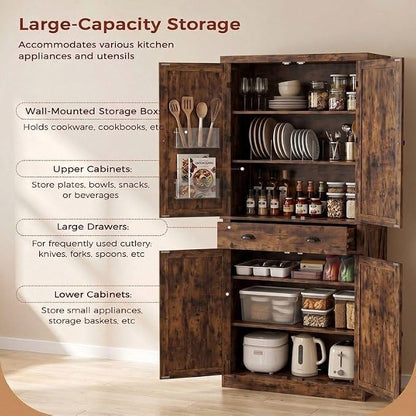 IRONCK 72.6" H Farmhouse Kitchen Pantry with Drawer, Vintage Brown | Freestanding Storage Cabinet with Adjustable Shelves & X-Design Doors, Large Floor Cupboard for Kitchen, Dining Room