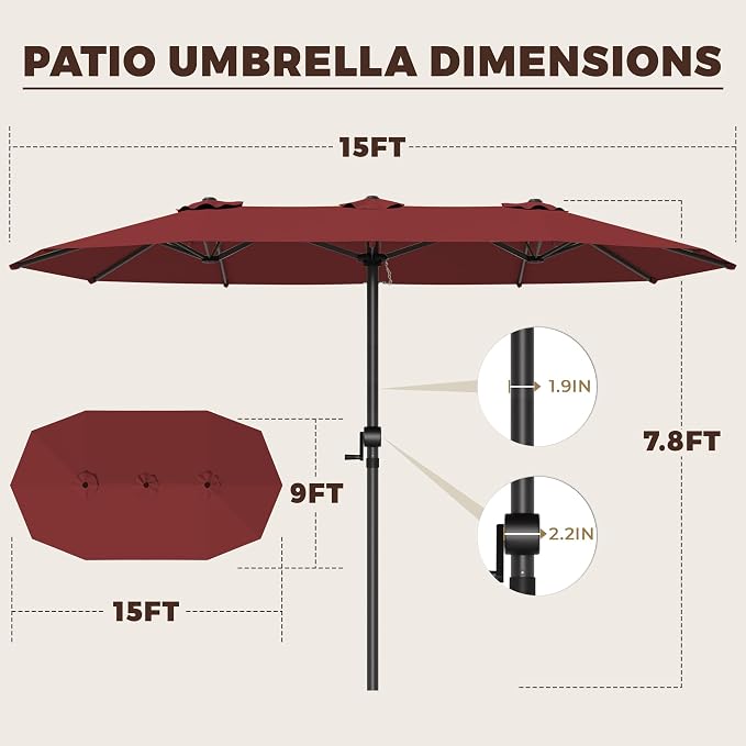 GDPFN 15FT Large Patio Umbrella, Outdoor Deck Standing Umbrella with Crank Handle, Double-Side Rectangular Pool Umbrella for Outside, Market, Patio, Burgundy (Base Not Include)