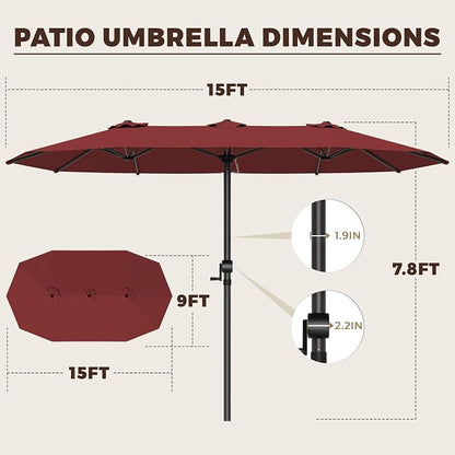 GDPFN 15FT Large Patio Umbrella, Outdoor Deck Standing Umbrella with Crank Handle, Double-Side Rectangular Pool Umbrella for Outside, Market, Patio, Burgundy (Base Not Include)