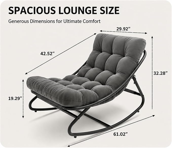Garvee Outdoor Papasan Rocking Chair with Thick Cushion, 450 lb Capacity | Curved lounge profile, neutral gray finish and easy-care materials create a cozy retreat for porch, balcony or living room.