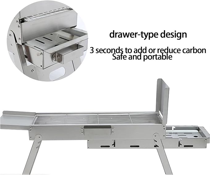 Portable Foldable Charcoal Grill, 304 Stainless Steel, No Assembly Required, Adjustable Charcoal Pan Height, Built-In Seasoning Board, 3-Second Open & Close, for Camping & Picnics