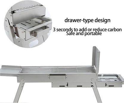 Portable Foldable Charcoal Grill, 304 Stainless Steel, No Assembly Required, Adjustable Charcoal Pan Height, Built-In Seasoning Board, 3-Second Open & Close, for Camping & Picnics