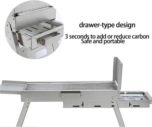 Portable Foldable Charcoal Grill, 304 Stainless Steel, No Assembly Required, Adjustable Charcoal Pan Height, Built-In Seasoning Board, 3-Second Open & Close, for Camping & Picnics