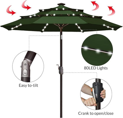 EliteShade USA 10-Year-Non-Fading 9ft 3-Tier Market Patio Umbrella, Commercial Table Umbrella with 80 Solar LED Lights, Crank Open, Windproof & UPF 50+ UV Protection for Garden, Deck, Pool, Backyard, Fern