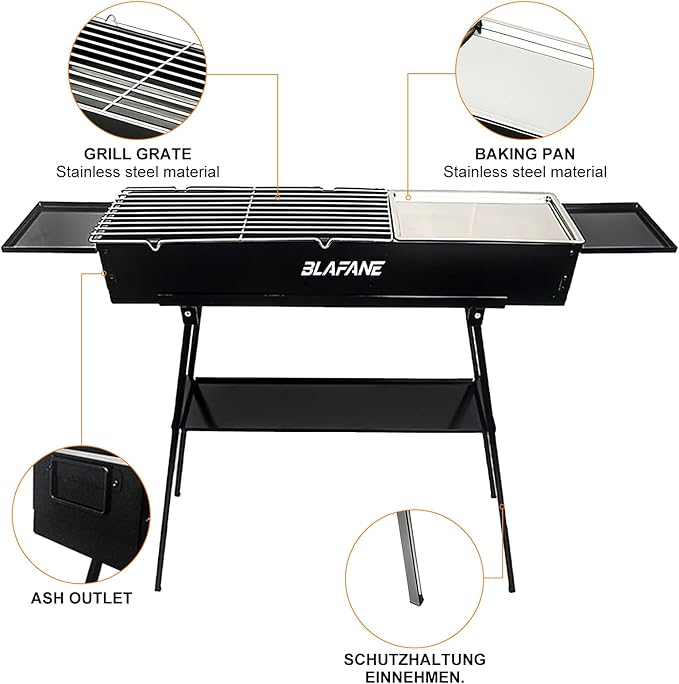 Charcoal Grill, Alloy Steel BBQ Barbecue Outdoor Grilling with Durable Support Frame and Dual Adjustable Vents for Tailgate Patio Beach Backyard(31.6x7.1x5.1 inch with Flat Grill Plate), Black