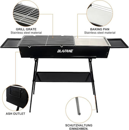Charcoal Grill, Alloy Steel BBQ Barbecue Outdoor Grilling with Durable Support Frame and Dual Adjustable Vents for Tailgate Patio Beach Backyard(31.6x7.1x5.1 inch with Flat Grill Plate), Black