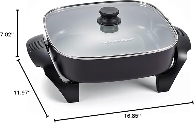 Elite Gourmet PFAS-Free Ceramic Electric Skillet, Extra Deep 12"x12"x3", Less Splatter, Dishwasher Safe, Rapid Heat, EG2313, 1200W, Black