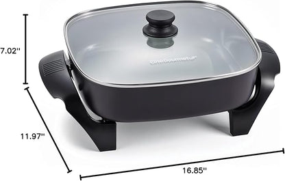 Elite Gourmet PFAS-Free Ceramic Electric Skillet, Extra Deep 12"x12"x3", Less Splatter, Dishwasher Safe, Rapid Heat, EG2313, 1200W, Black