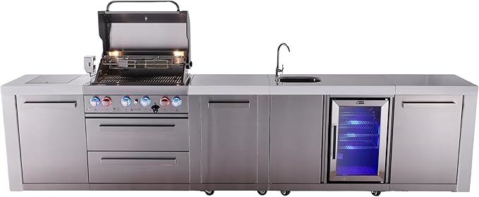Mont Alpi Premium 145" Deluxe Stainless Steel Outdoor Kitchen Island with Refrigerator + Beverage Center Faucet & Sink + 32"W 4-Burner BBQ Grill + Granite Countertops + Storage + Rotisserie + Cover