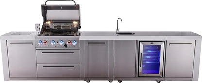 Mont Alpi Premium 145" Deluxe Stainless Steel Outdoor Kitchen Island with Refrigerator + Beverage Center Faucet & Sink + 32"W 4-Burner BBQ Grill + Granite Countertops + Storage + Rotisserie + Cover