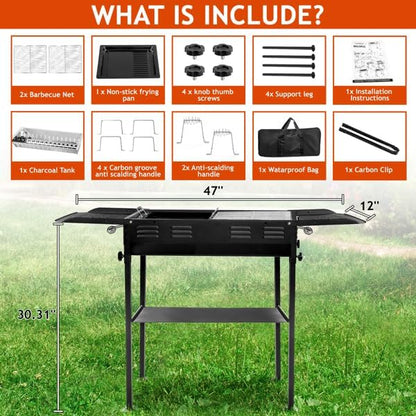 Portable Charcoal Grill, Foldable BBQ Grill with 2-in-1 Non-Stick Griddle & Carrying Bag, Large Kabob Barbecue Grill for Outdoor Camping, Garden, Backyard Party, Picnic, Stainless Steel Grill Grate