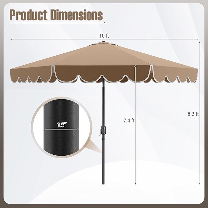 Tangkula 10 FT Patio Umbrella, 2-Tiers Scalloped Outdoor Table Market Umbrella with Tilt Adjustment, Crank, 8 Sturdy Ribs for Pool, Deck, Backyard (Coffee)