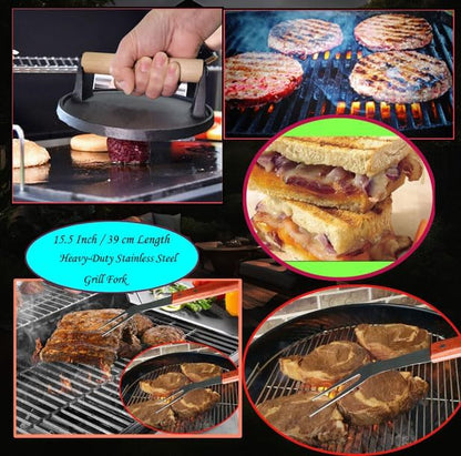 La Cuisine 8 Piece Flat Top Griddle BBQ Accessories Kit with Solid & Perforated Spatulas, Fork, Tong, Cast Iron Meat Press & Squeeze Bottles for Hibachi & Teppanyaki Cooking