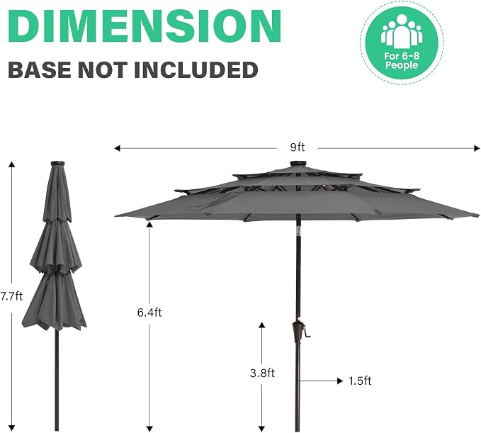 JEAREY 9 ft 3-Tier Outdoor LED Lighted Patio Umbrella w/Crank, Gray | Solar Market Table Umbrella with 8 Sturdy Ribs, UV Protection Waterproof Sunproof for Garden, Deck and Backyard