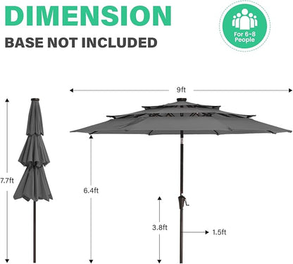 JEAREY 9 ft 3-Tier Outdoor LED Lighted Patio Umbrella w/Crank, Gray | Solar Market Table Umbrella with 8 Sturdy Ribs, UV Protection Waterproof Sunproof for Garden, Deck and Backyard