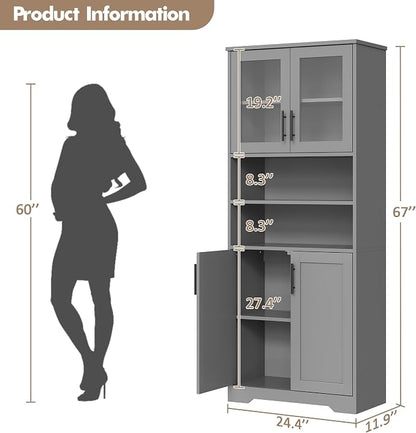 IDEALHOUSE 67" H Tall Storage Cabinet, Freestanding Bathroom Cabinet with 4 Doors and Adjustable Shelves,Modren Cupboard for Kitchen, Pantry, Living Room (Grey)