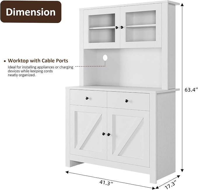 IDEALHOUSE 63" Kitchen Pantry Cabinet with Drawers, Hutch Cabinet with Storage, Microwave Stand, Adjustable Shelves, Freestanding Tall Pantry Storage for Dining Room, Living Room, White